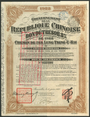 China: 1923 Lung Tsing U Hai Railway, 8% loan, bond for 500 francs