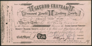 Second Chatham Permanent Benefit Building Society, £10 shares, 1870's