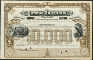 Canada, Canada Southern Railway Co., 2nd mortgage registered bond for $10,000, unissued, 1880's
