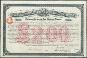USA: English and American Mortgage Co. Ltd., 5% mortgage debenture for £200, 1889, signed by Samuel Canning