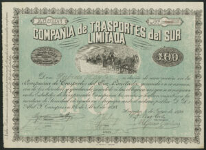 Peru: Compañia de Trasportes del Sur Limitada, 100 soles share, 1898