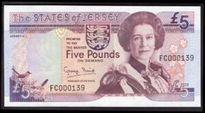 Jersey: States Issue. 5 Pounds. Baird signature. (1993). Low no FC000139. (Pick 21a). UNC.