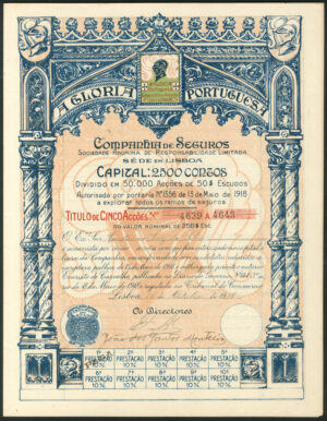 Portugal: A. Gloria Portuguesa, Companhia de Seguros, 5 shares, 1918