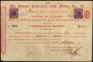 India: Sonapet Proprietary Gold Mining Co., 5 founders shares, 1890