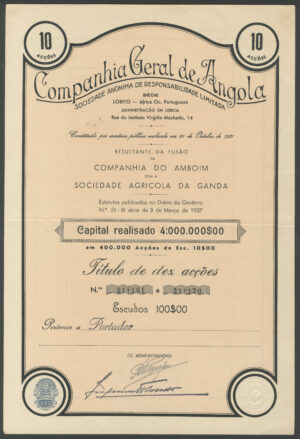 Angola: Companhia Geral de Angola, pair of certificates for 1 and 10 shares, 1937 - Image 2