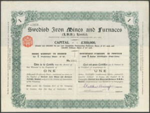 Sweden: Swedish Iron Mines and Furnaces (L.N.B) Ltd., trio of certificates for £1 preference shares, 1911