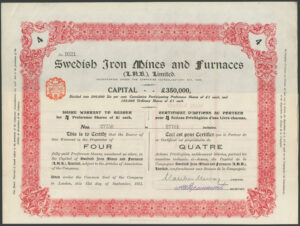 Sweden: Swedish Iron Mines and Furnaces (L.N.B) Ltd., 4 preference shares of £1 each, 1911