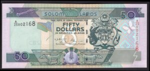 Solomon Islands; Central Bank. 50 dollars. Reduced size. (2001). A/25 002168. (Pick 24). UNC.