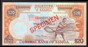 Samoa; Central Bank. 20 tala. Specimen. (2002). Series C (Pick; 35). AU-UNC.