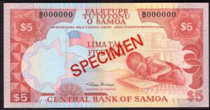 Samoa: Central Bank. 5 tala. Specimen. (1985). Series B. AU-UNC.