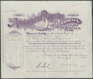 Rhodesia, Amalgamated Properties Of Rhodesia (1913) Ltd., 4 shillings shares, part paid, 1913