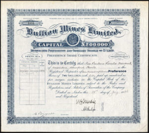 Australia: Bullion Mines Ltd., preference shares, 1925