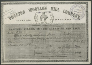Australia: Doveton Woollen Mill Co. Ltd., Ballarat, £10 shares, 1918 - Image 1