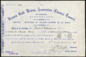 Australia: Victoria Gold Mining Association (Charters Towers), NL, Queensland, £1 shares, 1896 - Image 1