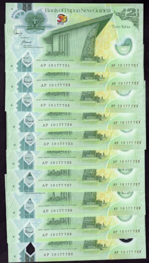 Bank of Papua New Guinea; 10 x 2 kina. 1975-2010. 35th Anniversary. Nos; 721-730. (Pick 38). UNC.