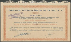 Spain: Derivados Electroquimicos de la Sal S.A., 500 peseta share, 1947