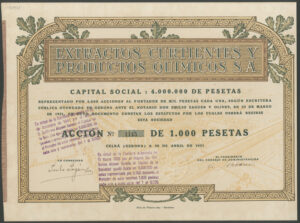 Spain: Extractos Curtientes y Productos Quimicos S.A., 1000 peseta share, 1921