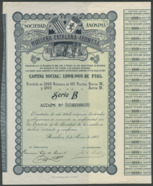 Spain: S.A. Hullera Catalana-Leonesa, 100 peseta 'B' share, 1907