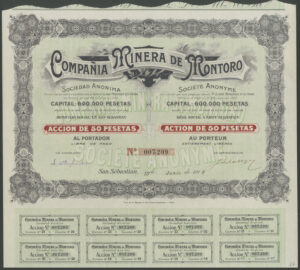 Spain: Compañia Minera de Montoro S.A., 50 peseta share, 1910