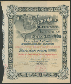 Spain: Sociedad General de Riegos Industrias y Colonización, 500 peseta share, 1919