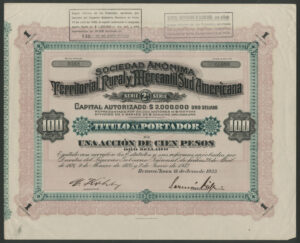 Argentina: S.A. Territorial, Rural y Mercantil Sud Americana, 1 share of 100 pesos, 1933