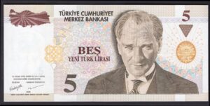Turkey: Central Bank. 5 new lira. 2005. (Pick 217). AU-UNC.
