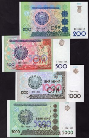 Uzbekistan; Central Bank. 200, 500, 1,000 & 5,000 sum. 1997-2013. (Pick; 80 -83).