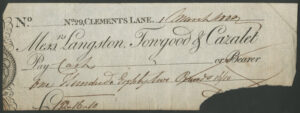 Langston, Towgood & Cazalet, bearer cheque, 1802, torn as cancellation