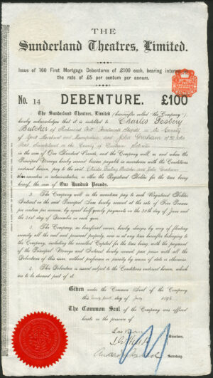 Sunderland Theatres Ltd., £100 debenture, 1896