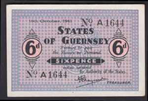 Guernsey, German Occupation, 6 pence, 16-10-1941, A 1644 (Pick 22). VF-EF.