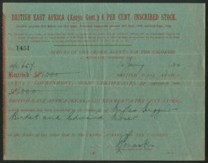 British East Africa, (Kenya Govt.) 6% inscribed stock, receipt for scrip cert., 1922, Rare