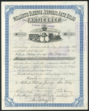 Sweden: Mellersta Blekinge Jernvägs-AB, 100 kr share, 1906