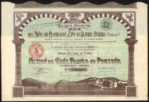 Tunisia. Mines de Plomb & de Zinc du Djebel Oudiba, 100 franc share, Tunis 1924, EF