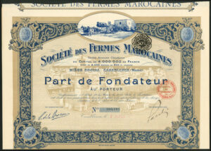 Morocco. Societe des Fermes Marocaines, founders share, Casablanca 1920, EF
