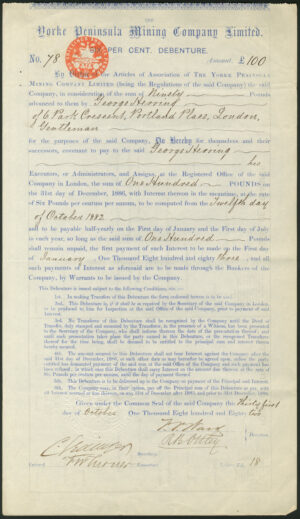 Australia: Yorke Peninsula Mining Co. Ltd., 6% debenture for £100, 1882