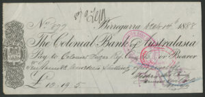 Australia: Colonial Bank of Australasia, used bearer cheque, Birregurra, Victoria, 1888 - Image 1
