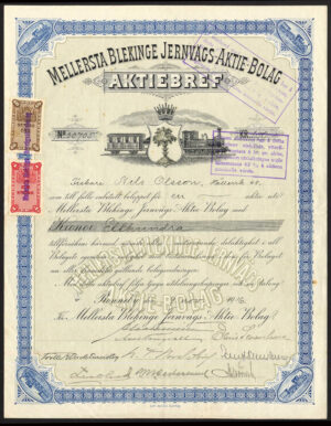 Sweden, Mellersta Blekinge Jernvägs AB (Central Blekunge Railway), 1 share of 100 kroner, Ronneby 1916