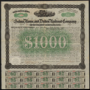 USA: Selma, Rome and Dalton Railroad Co. (AL, GA), 7% mortgage bond for $1000, 1867 - Image 1