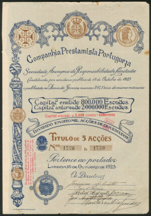 Portugal: Companhia Prestamista Portugueza, 5 shares, 1923