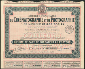 France: Soc. Française de Cinématographie et de Photographie, Films en Couleurs Keller-Dorian, one 10th founders share, 1928 - Image 1