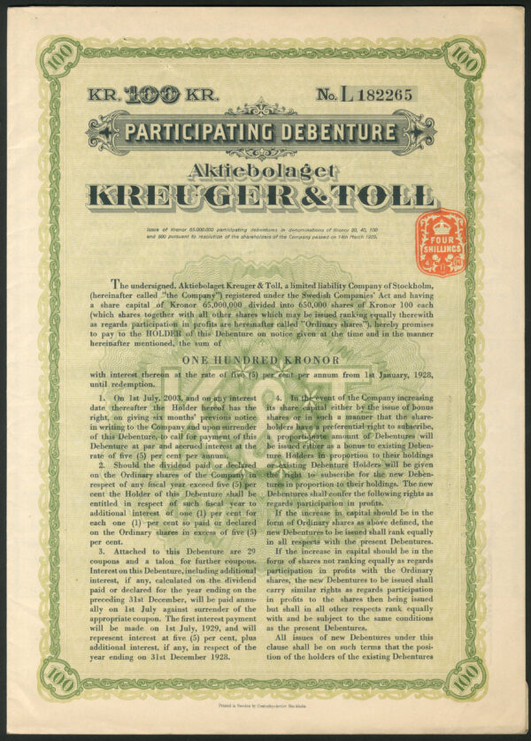 Kreuger and Toll 14.3.29 100kr