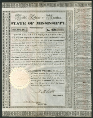 U.S.A.: State of Mississippi, 1833 Planters Bank Loan, $1000 bond, series G, with coupons