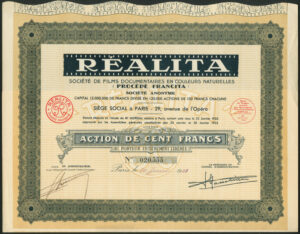 France: 'Realita' Soc. de Films Documentaries en Couleurs Naturelles, 100 franc share, 1933 - Image 1