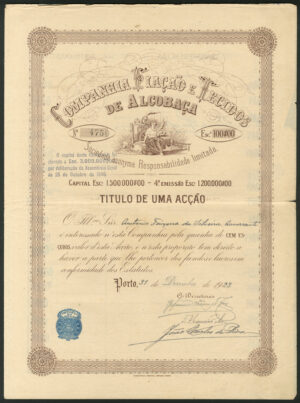 Portugal: Cia. Fiaçaõ e Tecidos de Alcobaça, 1 share, Porto 1923