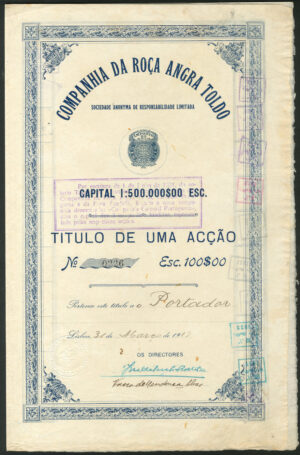Portugal: Companhia da Roça Angra Toldo, 1 share, Lisbon 1917