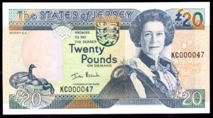 Jersey; States issue. 20 pounds. (2000). Very low no & first series for date. KC000047. (Pick 29a). AU-UNC.