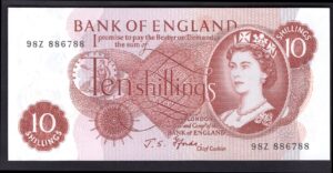 Bank of England, J.S.Fforde, 10 shillings, (1967), penultimate last run 98Z 886788 (EPM B309). EF.