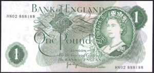 Bank of England, J.B. Page, 1 pound, (1970), fancy serial #HN02 888188 (EPM B322). EF.