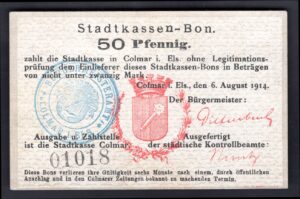 Germany, Colmar I. Els., Stadtkassen-Bon, 50 Pfennig, 6-8-1914, #01018. VF-EF.