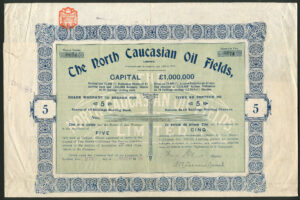 Russia: North Caucasian Oil Fields Ltd., 5 bearer shares, cap. £1,000,000, 1920